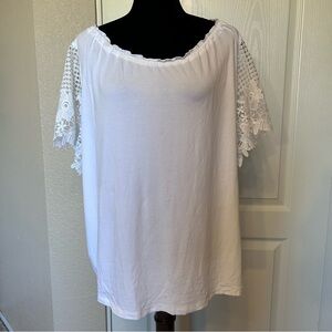 Susan Graver White with Short Crochet Sleeves Blouse‎ Shirt Top Size 2X